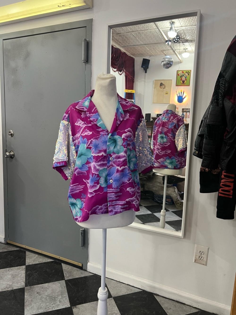 Sequin Sleeve Floral Button-Down Shirt in Magenta